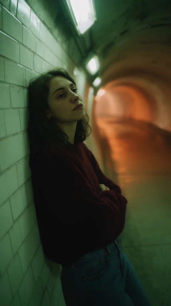 A young woman wearing a dark burgundy sweater and blue jeans leans with crossed arms against a white-tiled wall in a curved underground tunnel. Captured from a Dutch angle, overhead fluorescent fixtures cast a moody green cinematic glow on the foreground. The receding corridor fades into a soft, warm orange illumination in the distant background, creating a striking dual-tone color contrast and a shallow depth of field.