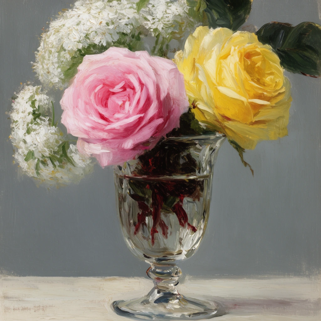 Impressionist oil painting of a pink rose, a yellow rose, and white floral clusters in a footed crystal vase. Transparent glass reveals dark submerged stems on a pale table against a solid gray background. Expressive brushstrokes and soft diffused lighting capture lush organic textures.
