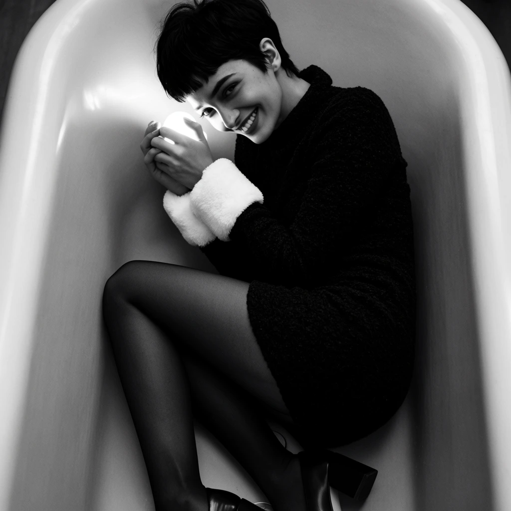 A smiling person with a dark pixie cut sits curled inside a smooth, empty bathtub, holding a small glowing light source close to their face. They wear a dark textured long-sleeved dress with thick white fuzzy cuffs, dark sheer tights, and block-heeled shoes. Captured from a high overhead angle in black and white photography, the localized glow from their clasped hands casts bright under-lighting onto their features. The curved walls of the tub contrast with the dark heavy fabric and soft shadows, resulting in a high-contrast editorial composition.