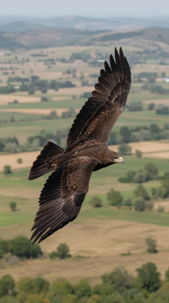 Large dark brown eagle soaring mid-air, wings fully extended in a steep banking pose, pale yellow hooked beak, elevated aerial perspective, sharp focus on the bird, softly blurred expansive agricultural landscape below, patchwork of green and tan fields, scattered trees, distant rolling hills, hazy natural daylight, wildlife photography, telephoto lens depth of field, earthy color palette