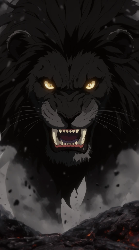 Giant black lion with glowing golden eyes, intense snarling expression baring sharp fangs, direct gaze, 2D anime animation style, falling grey ash, dark volcanic rocks, low angle close-up