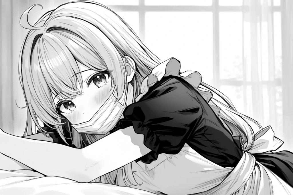monochrome manga illustration, young woman leaning forward, long light hair with cowlick, large expressive eyes, blushing cheeks, face mask pulled under chin, dark ruffled sleeve top, light apron, forearms resting on soft white surface, bright window background, grayscale shading