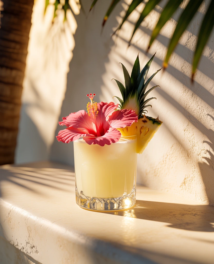 A sun-drenched still life shows a pale tropical drink in a clear tumbler, garnished with a wedge of pineapple and a vivid pink hibiscus, resting on a creamy stone ledge against a textured stucco wall with dramatic palm shadows. photography, editorial food photography, tropical still life, minimalist luxury, resort aesthetic, natural light, warm golden-hour sunlight, shallow depth of field, soft bokeh, high-resolution digital image, polished commercial style, calm, languid, summery, elegant, airy, medium visual complexity, adjacent to Slim Aarons, Gray Malin, Laura Resen, Kinfolk-style, palette of cream, sand, honey, pale yellow, soft beige, deep green, hot pink, warm exposure, moderate-high contrast, crisp highlights, soft shadow gradients, likely wide aperture, no visible noise, no motion blur, no harsh processing artifacts. The glass sits in the lower right quadrant, about a glass-width from the right edge and rising from the bottom edge, cylindrical with a thick faceted base catching bright reflections. It is filled nearly to the rim with a cloudy, pale lemon-yellow beverage, faintly frothy at the top, with tiny bubbles or condensation-like speckling visible through the glass. A large pink hibiscus flower lies across the near rim, centered slightly left on the glass, facing forward so its crinkled petals spread wide toward the viewer; its yellow-orange stamens curl upward near the center-right of the bloom. Behind the flower, a thick wedge of pineapple is tucked into the rim, its golden flesh facing forward and its dark green spiky crown pointing upward, creating a layered tropical garnish. The drink rests on a smooth cream-marble or polished stone surface occupying the bottom third, with subtle veins and a sunlit edge. The background wall fills most of the frame, off-white and rough-textured, with diagonal shadows of long palm fronds stretching from upper left to lower right. Real leaves intrude from the top edge and upper right corner, blurred and dark green, while a soft out-of-focus vertical brown strip hugs the far left edge, suggesting a column or wall. The overall composition is spacious, with abundant negative space in the upper half and the drink positioned as the quiet focal point.