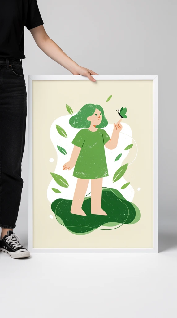 A person wearing a black t-shirt, black denim jeans, and black canvas sneakers stands on the left, holding the top edge of a large white-framed poster resting on a seamless light gray studio floor. The poster displays a stylized, flat-vector illustration on a pale cream background, featuring a figure with textured green hair and a simple green dress. The illustrated character balances a small green butterfly on one raised finger, surrounded by floating green leaves, standing atop an amorphous dark green shape layered over a fluid white backdrop. The artwork exhibits a distressed, speckled screen-print texture with a limited palette of greens, cream, and white. Diffused studio lighting illuminates the scene, casting soft shadows behind the frame and the person's legs.