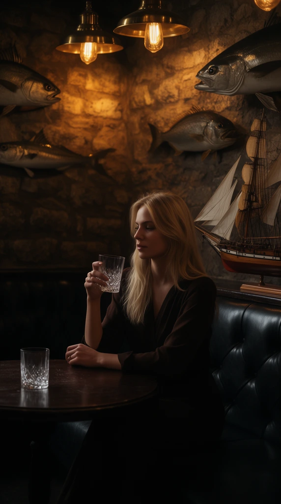 blonde woman sitting on a black tufted leather banquette in a dimly lit pub, holding a crystal glass, dark wooden table with a second empty glass, textured stone wall warmly illuminated by brass pendant lights, nautical decor including mounted taxidermy fish and a wooden model sailing ship, cinematic low-key lighting, moody atmospheric shadows, rich amber and espresso color palette, intimate interior photography