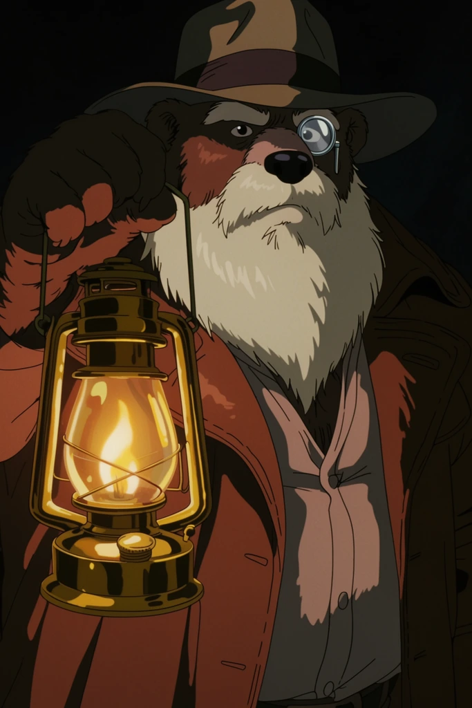 A burly anthropomorphic bear adventurer with a thick white beard, silver monocle, wide-brimmed fedora, and leather duster holds a glowing brass oil lantern in pitch darkness. The warm golden flame casts dramatic, stark shadows across his fur, sharply illuminating the lantern's curved glass chimney. Rendered in a vintage 2D animation cel style with precise line art, flat shading, and high-contrast cinematic lighting.