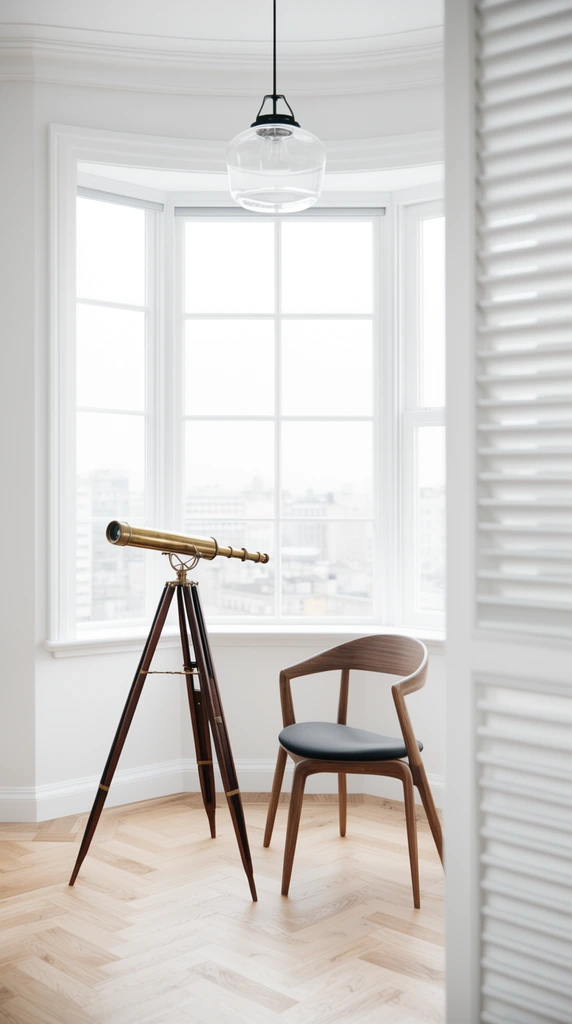 A vintage brass telescope on a dark wooden tripod stands in a bright bay window overlooking a muted cityscape. A sleek wooden chair with a dark grey seat sits nearby on light oak herringbone flooring. A clear glass pendant light hangs above, while a softly blurred white louvered shutter frames the right foreground. Diffused natural daylight floods the minimalist scene, creating a high-key architectural composition contrasting warm wood and metallic textures against crisp white walls.