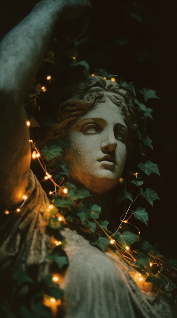 classical stone statue face and raised arm in deep shadow, draped with ivy leaves and glowing amber fairy lights, moody cinematic lighting, vintage film aesthetic