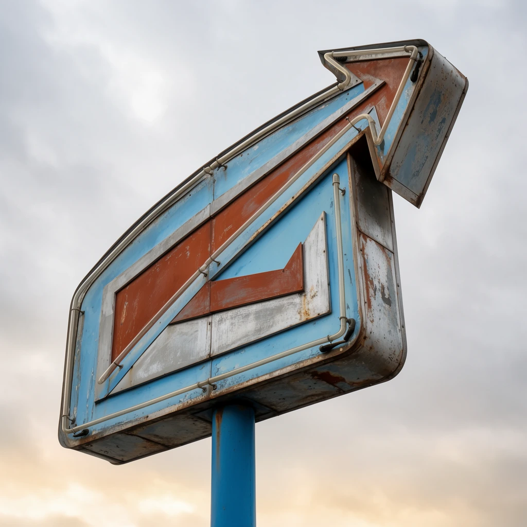 A weathered vintage outdoor sign mounted on a sturdy blue cylindrical pole towers against an overcast sky. The retro mid-century metal sign features a sweeping angled arrow pointing upward and to the right, constructed from layered geometric panels in faded sky blue, rusted terracotta, and dull silver. Exposed glass neon tubing meticulously traces the contours of the sign's outer edges and internal shapes. The metal casing is heavily distressed with visible rust, peeling paint, and oxidation. Photographed from a dramatic low angle, the composition highlights the massive architectural form against soft grey clouds with a faint warm glow near the horizon.