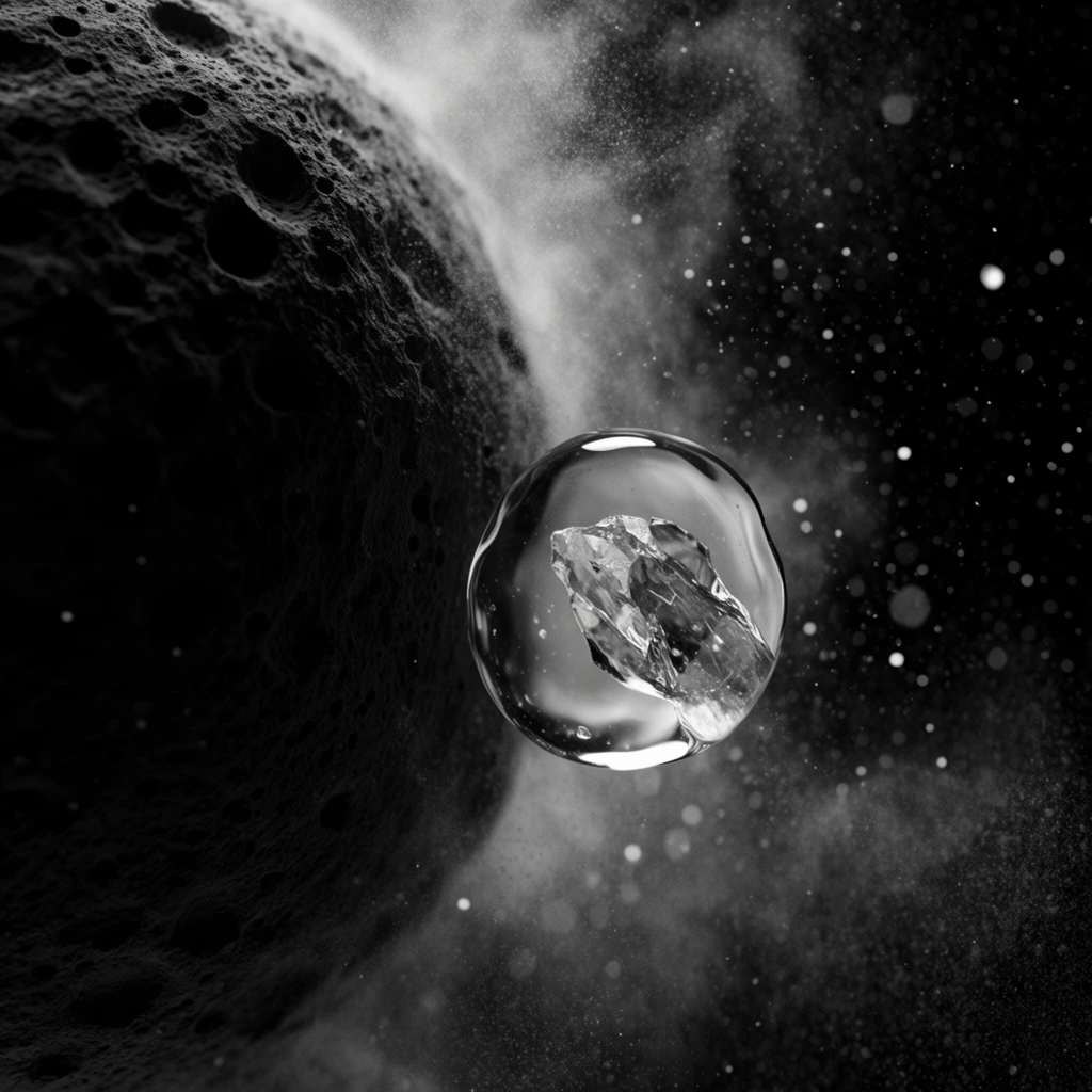 A monochromatic macro scene features a translucent fluid droplet floating before a massive, cratered rocky sphere in a dense field of particulate dust. The dark celestial body dominates the left, its pitted texture emerging from deep shadow. Beside it, the refracting fluid sphere contains a jagged crystalline form breaking its surface tension. The jet-black background is filled with fine white mist and suspended glowing specks varying in focus due to a shallow depth of field. Dramatic high-contrast lighting creates a hyper-realistic aesthetic blending fluid dynamics with cosmic terrain.