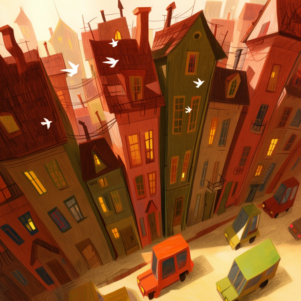 densely packed stylized cityscape illustration, tall leaning buildings in warm terracotta and olive hues, varied rooflines with chimneys, glowing windows, crisscrossing power lines, elevated view of blocky retro vehicles on a sunlit street, white birds in flight, textured pencil-like shading, whimsical skewed perspective, warm afternoon light