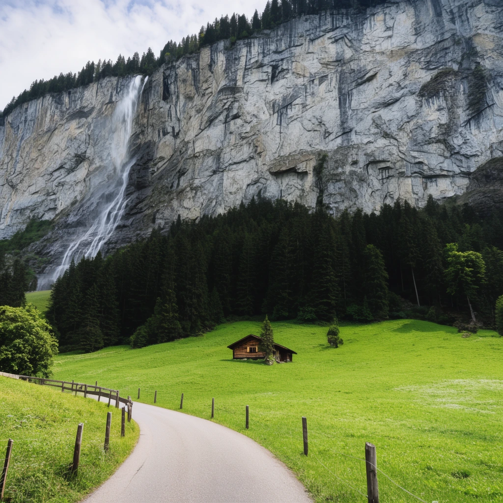 massive sheer gray cliff face, delicate cascading waterfall, dense dark evergreen pine forest, small wooden cabin in a lush green meadow, curving paved road with wooden fence, wide-angle alpine landscape photography, natural daylight