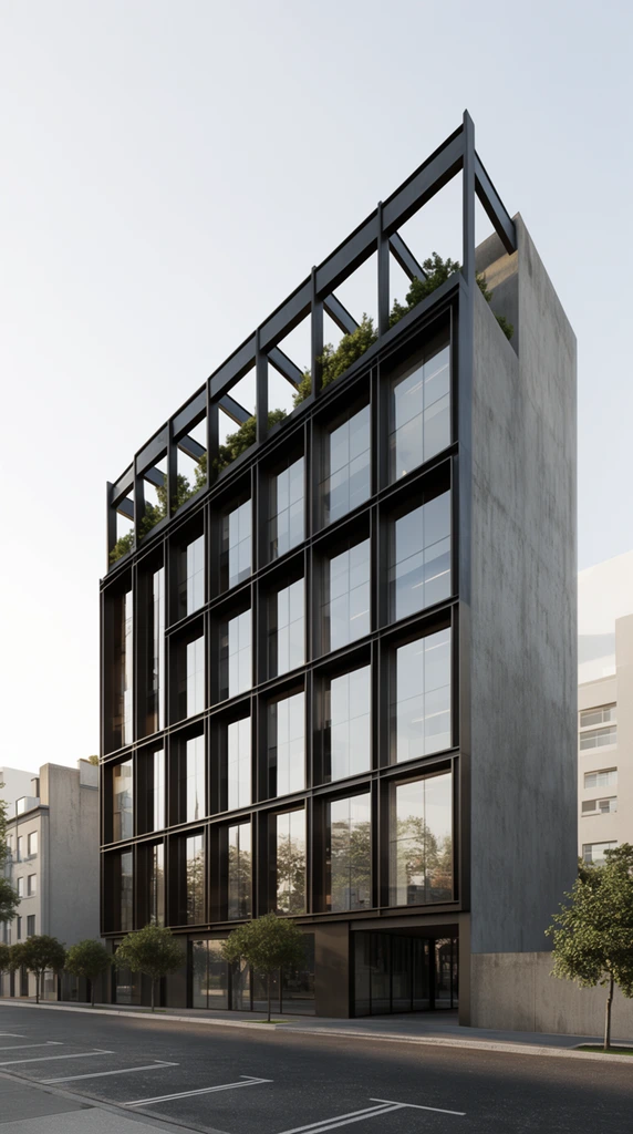 modern mid-rise building, bold dark structural grid facade, expansive reflective glass windows, solid concrete side wall, open-frame rooftop pergola with greenery, street-level low angle perspective, paved road with parking lines, small sidewalk trees, adjacent buildings, clear pale sky, soft daylight, photorealistic architectural rendering, sharp focus