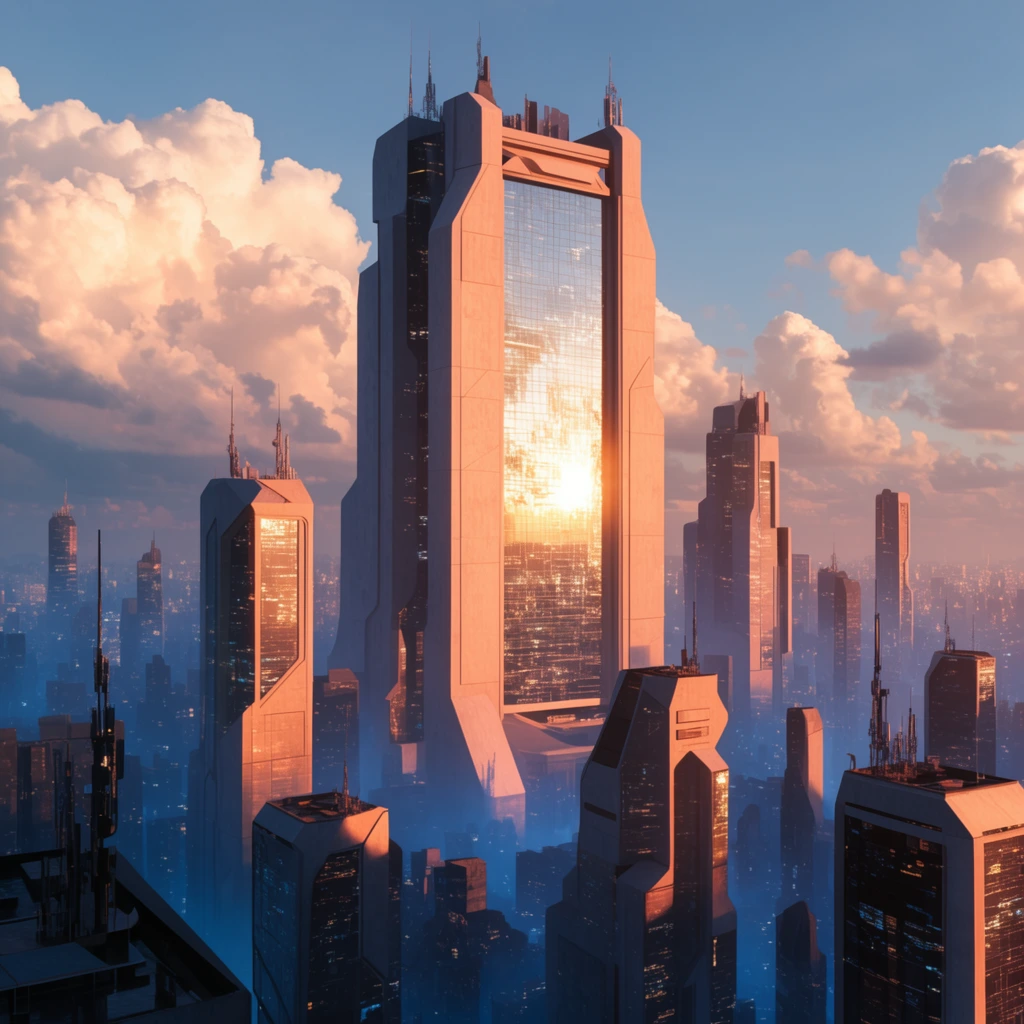 futuristic sci-fi cityscape at golden hour, towering geometric skyscrapers, central monolithic building with a massive glass facade reflecting intense sunlight, warm peach and golden illuminated exteriors, deep blue atmospheric haze in lower urban canyons, flat rooftops with intricate antennas, towering sunset-lit cumulus clouds, elevated aerial perspective, high-fidelity 3D architectural rendering
