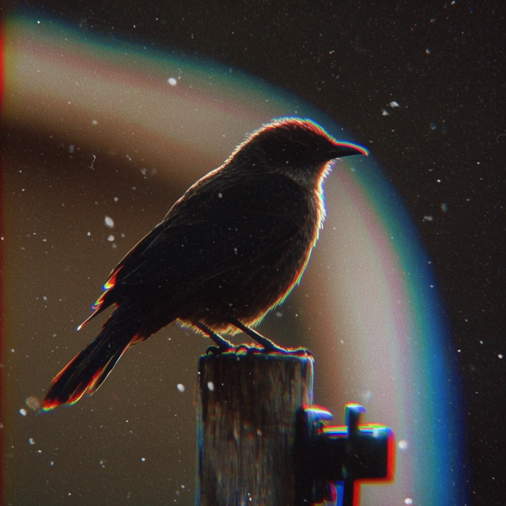 A dark bird perches on a weathered wooden post, heavily stylized with cinematic backlighting and intense chromatic aberration. Facing right, the bird's silhouette is edged by a glowing rim light detailing its textured feathers and sharp beak. It grips the cylindrical post beside a blurred dark metal latch. Behind the bird, a sweeping, curved light leak glows in muted browns and cyan against deep shadows. Prominent red and blue color fringing, dense analog film grain, and scattered bright white dust particles resembling floating snow overlay the entire composition, creating a moody, atmospheric lo-fi aesthetic.