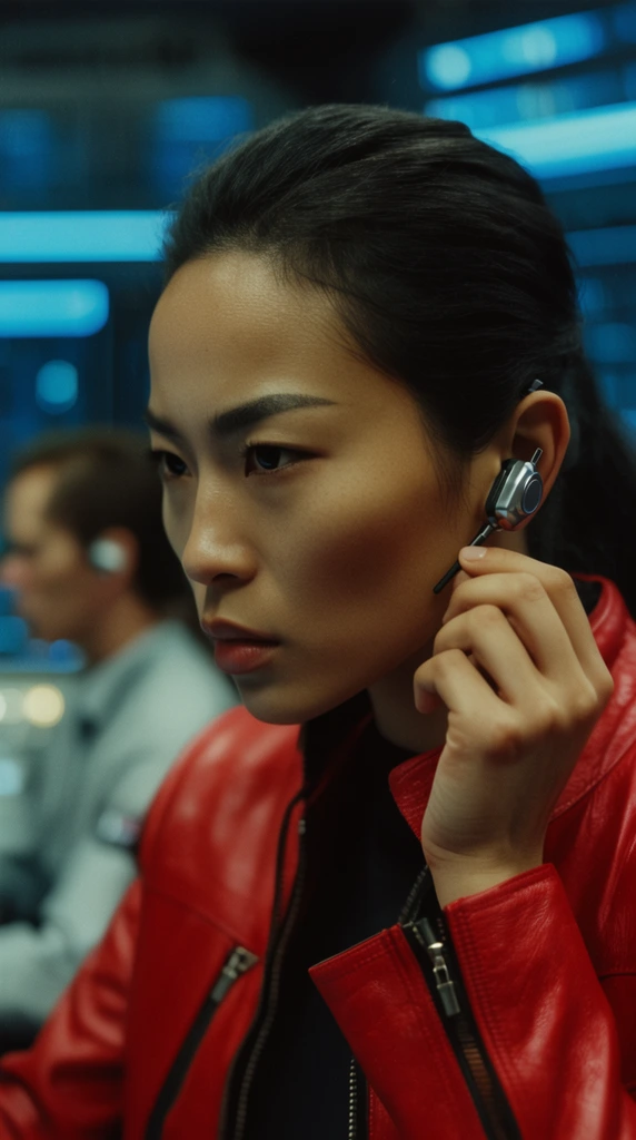 close-up portrait of a young Asian woman with sharp cheekbones, intense focused expression, adjusting a metallic earpiece, wearing a bright red leather jacket, blurred futuristic control room background, out-of-focus figure, glowing neon blue panel lights, cinematic lighting, shallow depth of field, 35mm film aesthetic