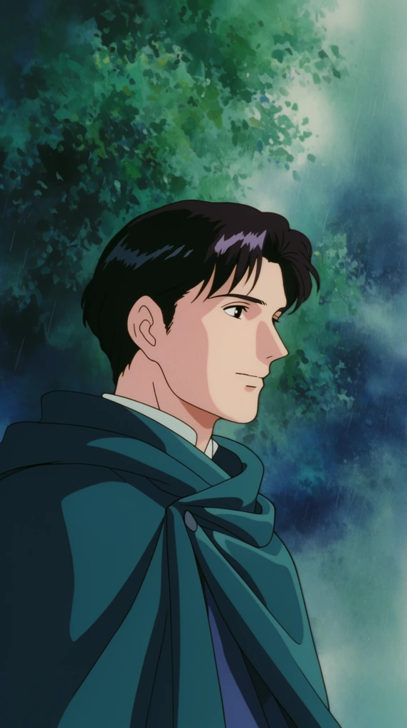 A man in a cloak looking right, rendered in a traditional 1990s Japanese cel animation style. The man is drawn with crisp, delicate dark linework and colored using flat, precise cel shading that features deep jewel tones, cool teal shadows, and pale, warm highlights on his skin. He is set against an atmospheric background painted with watercolor and gouache techniques, utilizing loose, dabbed brushstrokes in rich emerald greens and deep oceanic blues. Fine, diagonal streaks of rain and a soft, misty haze permeate the environment. The lighting is soft and diffused, establishing a clear visual separation between the sharply defined foreground character and the softly blended, textured, painterly backdrop.