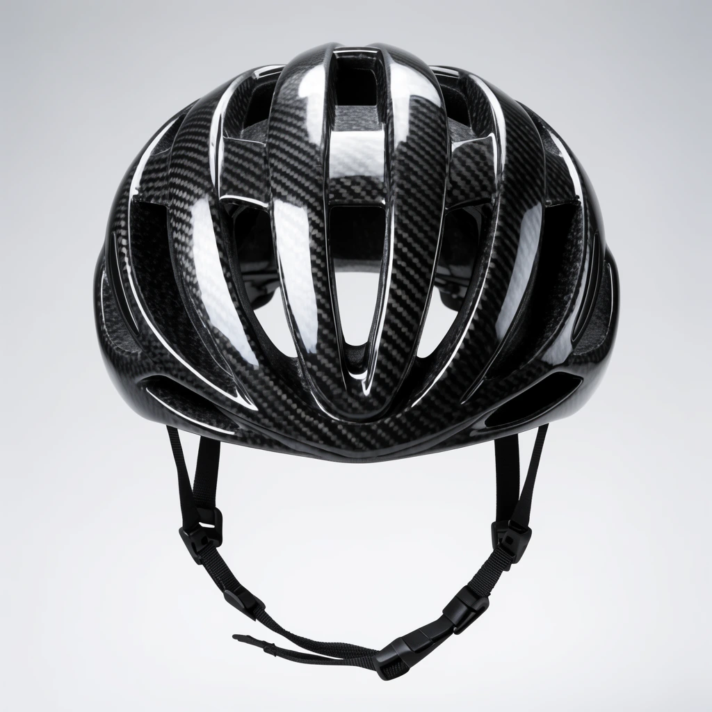 glossy carbon fiber bicycle helmet, aerodynamic ribbed design, deep ventilation slots, woven carbon texture, black nylon chin straps, strong specular reflections, soft studio lighting, seamless light grey background, front view, product photography