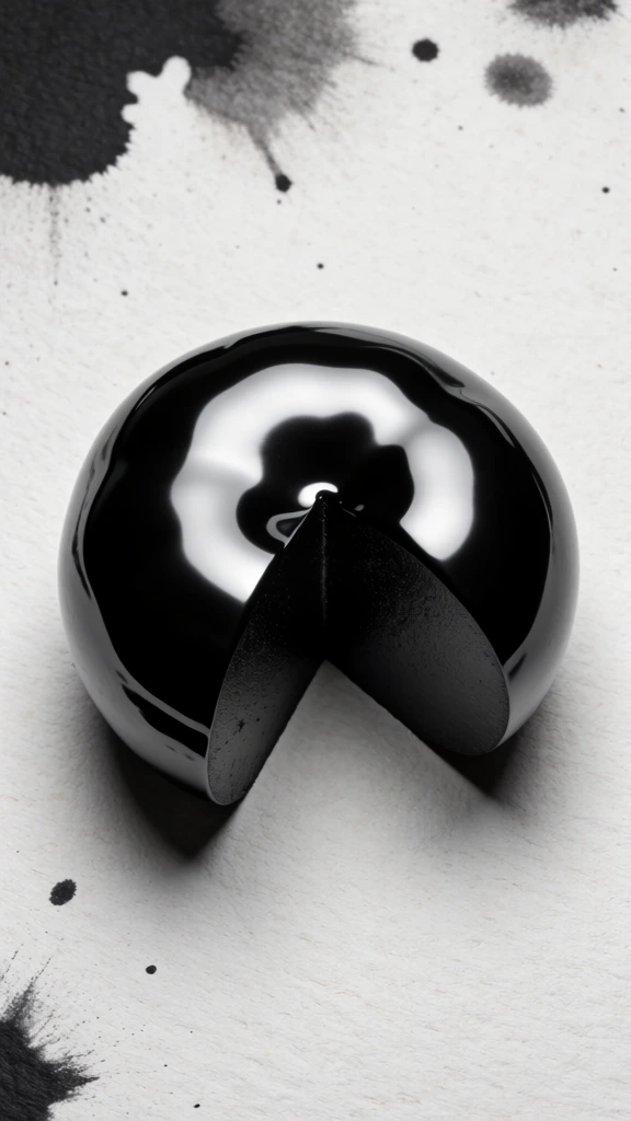 macro studio photography of a single tomato with a clean wedge cut out, rendered as a high-gloss viscous black liquid object with ultra-smooth surfaces and sharp specular highlights, resting on a grainy off-white cold-press paper surface, background features dynamic fluid ink-splatter clouds with organic drips, high-contrast top-down lighting, deep obsidian shadows, monochromatic grayscale palette, sharp macro focus, tactile materiality, minimalist graphic composition.
