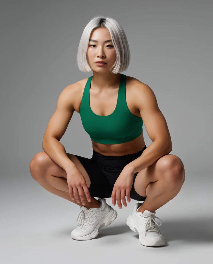 A muscular East Asian woman with a short platinum bob crouches in a deep squat against a seamless gray studio backdrop. She wears an emerald green sports bra, black compression shorts, and chunky white athletic sneakers. Her arms rest casually on her knees. Soft, diffused studio lighting creates a smooth gradient across the minimalist background, casting a subtle shadow beneath her. The centered composition emphasizes high-end athletic editorial photography with crisp contrast.