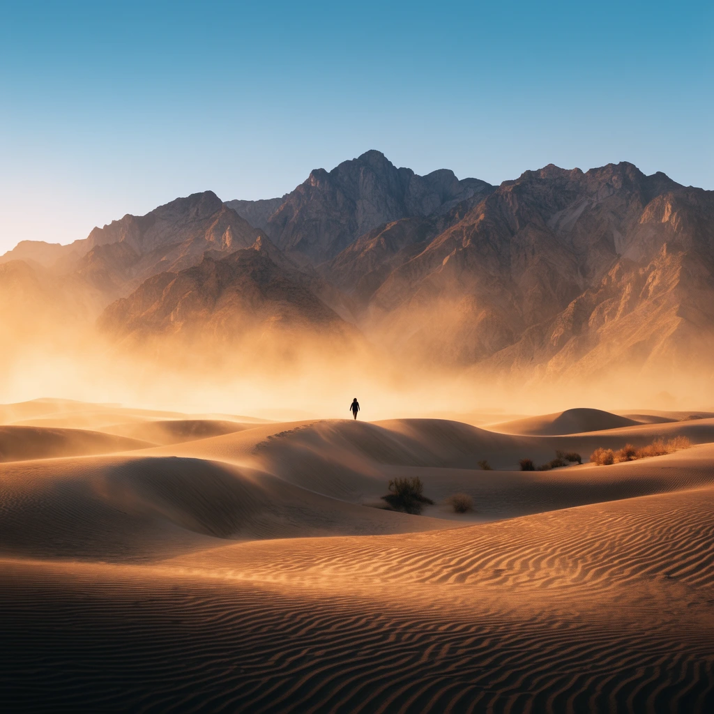 distant silhouetted figure walking on rolling sand dunes, massive rugged mountain range, golden hour lighting, glowing atmospheric dust haze, gradient blue sky, wind-rippled sand, sparse desert scrub, immense scale landscape photography