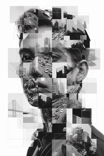 Fragmented Monochrome Surrealism style reference image — avant-garde editorial
