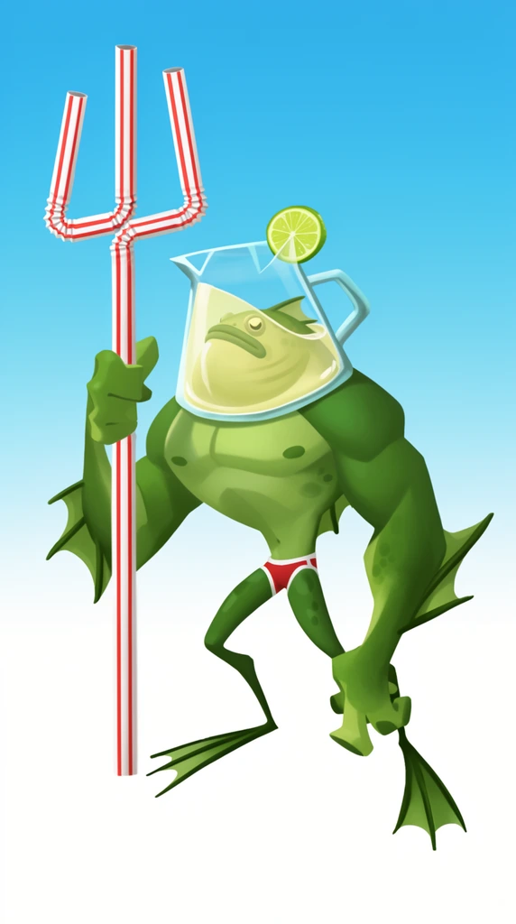 A stylized digital illustration of a muscular, green amphibious humanoid wearing a clear glass pitcher helmet filled with pale yellow liquid. The liquid submerges the creature's fish-like head, and a lime slice garnishes the pitcher's rim. The figure features an exaggerated broad chest, finned forearms, spindly legs, webbed feet, and tiny red swimming trunks with white trim. Standing in a dynamic, hunched pose, the creature grips a makeshift trident built from oversized, red-and-white striped flexible drinking straws. The artwork utilizes smooth digital shading, bold shapes, and clean silhouettes, set against a minimal gradient background that transitions from bright sky blue to white.