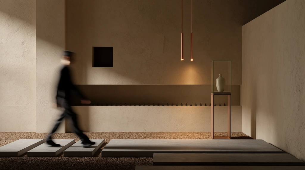 A minimalist interior defined by textured beige plaster walls and geometric architectural planes. A figure in dark clothing strides across the foreground, captured as a sweeping motion blur. The floor consists of stepped concrete slabs laid over fine brown gravel. Two slender, cylindrical copper pendant lights hang from above, casting warm directional beams. On the right, a glass-encased stand displays a solitary pale ceramic vase. The back wall features a dark square cutout and a long horizontal recess lined with tiny dark fixtures. Dramatic, warm lighting emphasizes the rough wall textures and crisp angular shadows, contrasting the fluid human movement with the rigid, serene contemporary environment.