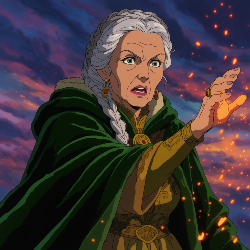 An older woman with braided silver hair reaches toward glowing orange embers in a swirling twilight sky. Wearing a heavy green velvet cloak over a golden tunic, her expression is intense. Rendered in classic 2D animation cel-shading with vibrant colors and atmospheric lighting.