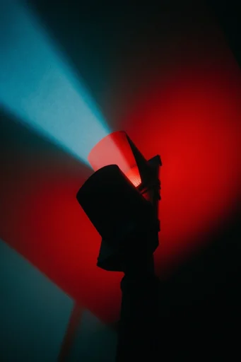 Cinematic Neon Noir style reference image — crimson and cobalt duotone