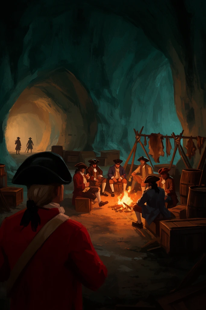 Framed over the shoulder of a foreground figure in a red jacket and dark cap, a cinematic digital painting reveals a subterranean encampment. Men in 18th-century attire and tricorn hats gather around a glowing campfire inside a massive stone cavern. The warm orange firelight casts dramatic chiaroscuro shadows against deep teal rock walls. Wooden crates, barrels, and a makeshift rack of hanging hides surround the central gathering. Two distant figures stand silhouetted in an illuminated left tunnel, rendered with loose, painterly brushstrokes.