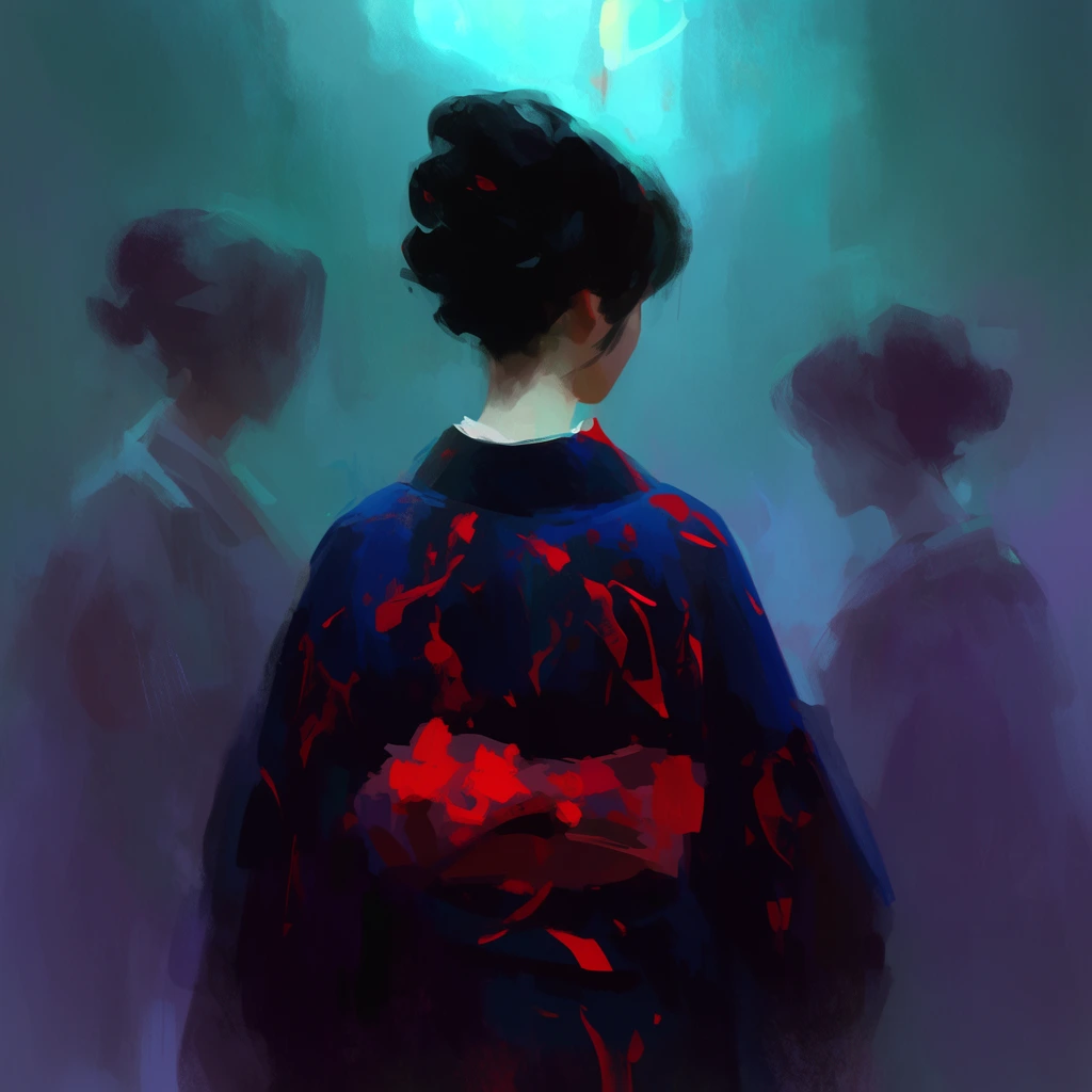 central woman seen from behind in a dark blue kimono with bright red abstract patterns, flanked by two faded ghostly silhouettes, dark updo hairstyles, glowing cyan overhead illumination, misty atmospheric background, impressionistic digital painting, expressive loose brushstrokes, deep teal and purple color palette