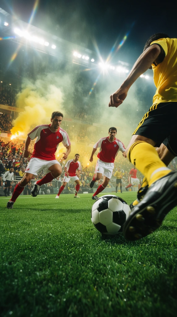 low-angle dynamic shot of a soccer match, player's legs in yellow socks and black cleats kicking a black and white ball in the lower right foreground, lush vibrant green turf, opposing players in red and white uniforms sprinting aggressively, packed stadium background, glowing yellow smoke flares, bright stadium floodlights, cinematic lens flares, thick volumetric haze, high-energy sports action, high contrast