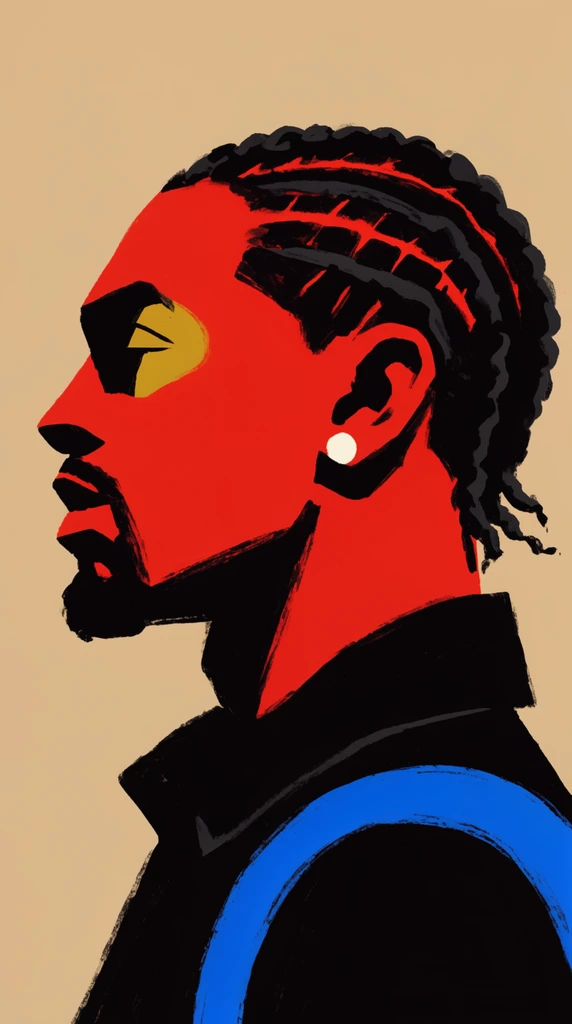 Stylized profile portrait of a man with braided cornrows and a goatee against a flat beige background. The bold graphic illustration features vibrant red skin tones, a mustard yellow eye highlight, and heavy solid black shadows defining his facial structure. He wears a white stud earring and a black collared jacket accented by a bright blue curved shoulder stripe, all rendered with thick, textured, high-contrast painterly brushstrokes.