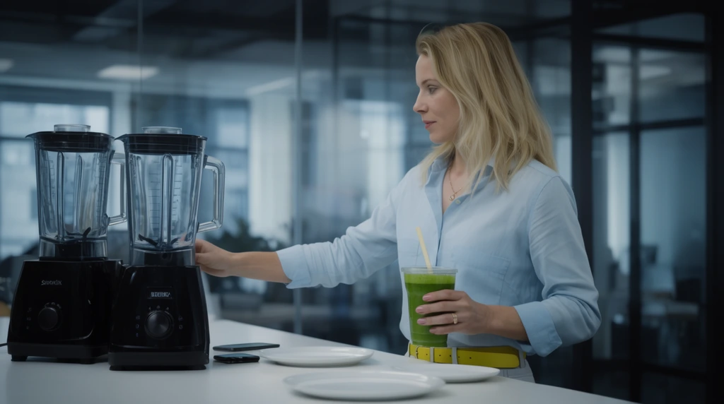 A blonde woman in a light blue shirt and yellow belt stands at a white counter holding a green smoothie, reaching toward black blenders. Plates and a smartphone rest on the surface against a blurred glass-walled office background with cool lighting.