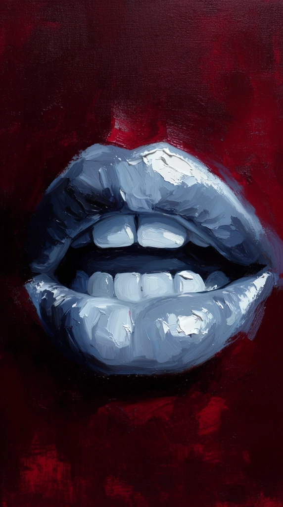 An expressive oil painting of a woman's parted lips and exposed teeth rendered in a stark, monochromatic palette of icy blues, slate grays, and brilliant titanium whites, set against an expansive, deep crimson textured background. The fleshy contours of the lips and the smooth surfaces of the teeth are built up with aggressive, heavy impasto brushstrokes, using thick, raised peaks of white paint to capture intense, dramatic highlights. Harsh, directional chiaroscuro lighting casts deep, heavy shadows within the open mouth and sharply defines the edges of the lips against the contrasting backdrop. The surrounding environment is a rich, moody expanse of scumbled burgundy and dark red oil paint, displaying visible canvas weave and subtle tonal variations that isolate the centrally positioned, cool-toned subject in a vibrant, textured void.