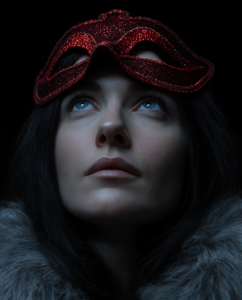 Close-up portrait of a woman gazing upward, pale skin, blue eyes, dark hair, sparkly red masquerade mask worn on head, grey fur collar, dramatic low lighting, black background