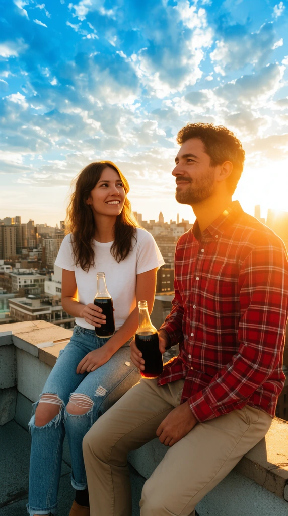 Two smiling people sit on a rooftop ledge at golden hour holding glass bottles of dark liquid. A woman in a white t-shirt and distressed jeans looks toward a man wearing a red plaid shirt and khakis who gazes at the horizon. Radiant sunlight flares over a sprawling cityscape background under a bright blue sky with textured clouds.