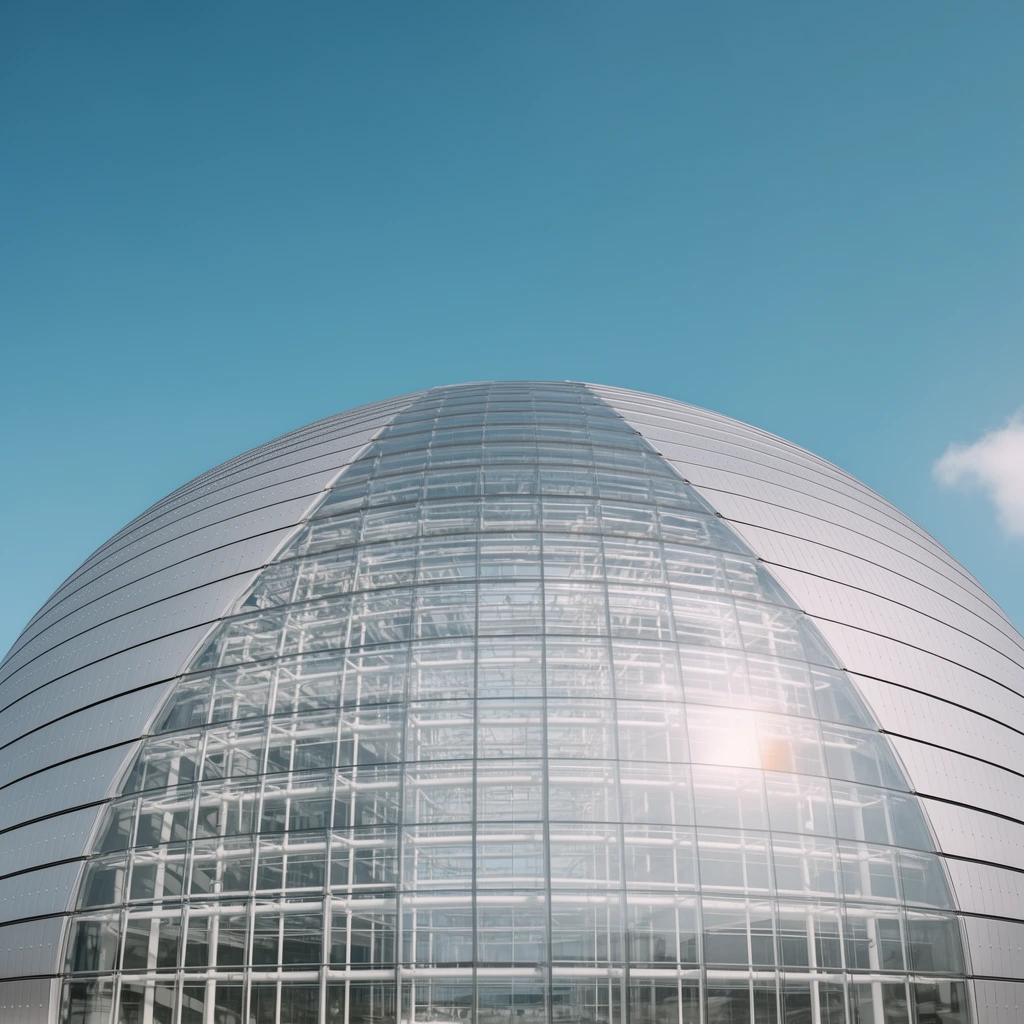 A colossal dome-shaped architectural structure dominates the lower frame against a clear blue sky. The building features a sweeping central section of gridded transparent glass panels, revealing a complex, multi-tiered white steel framework inside. Flanking the glass are smooth, matte silver metallic panels arranged in horizontal bands that curve seamlessly with the dome's shape. A soft sun glare reflects off the right side of the glass facade. The low-angle, symmetrical perspective emphasizes the monumental scale and sleek modernist geometry, set beneath an expansive, pristine cyan sky with a tiny wisp of cloud on the right edge.