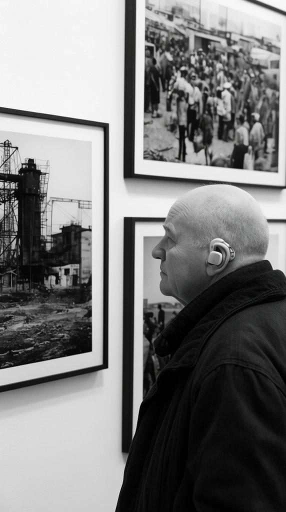 A monochrome documentary photograph featuring the profile of an older bald man with a hearing aid and a thick dark jacket observing framed art in a gallery. He intently studies a gritty black-and-white industrial landscape print displayed on a stark white wall alongside other framed crowded outdoor scenes.