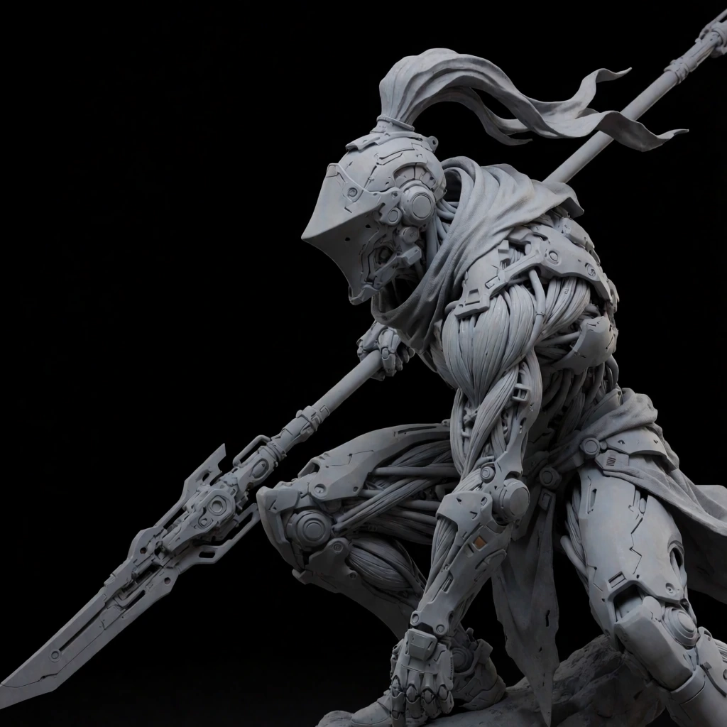 matte gray 3D sculpt of a cybernetic knight crouching dynamically, intricate mechanical armor over synthetic wire musculature, visored helmet with flowing cloth crest, wielding a long futuristic polearm, solid black background, dramatic studio lighting, crisp surface details, cyberpunk aesthetic