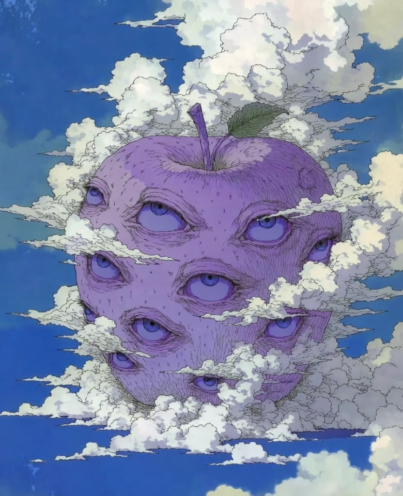 a single apple on a flat surface, lavender-purple skin with numerous lidless human eyes embedded throughout, enveloped by drifting wispy jagged cream-colored clouds, rendered in a detailed psych-surrealist manga style, intricate fine-line ink work with dense cross-hatching and erratic stippling, high-contrast shadows, flat cerulean blue background, vintage analog offset print texture, gritty organic paper grain, surrealist composition, katsuhiro otomo inspired line quality