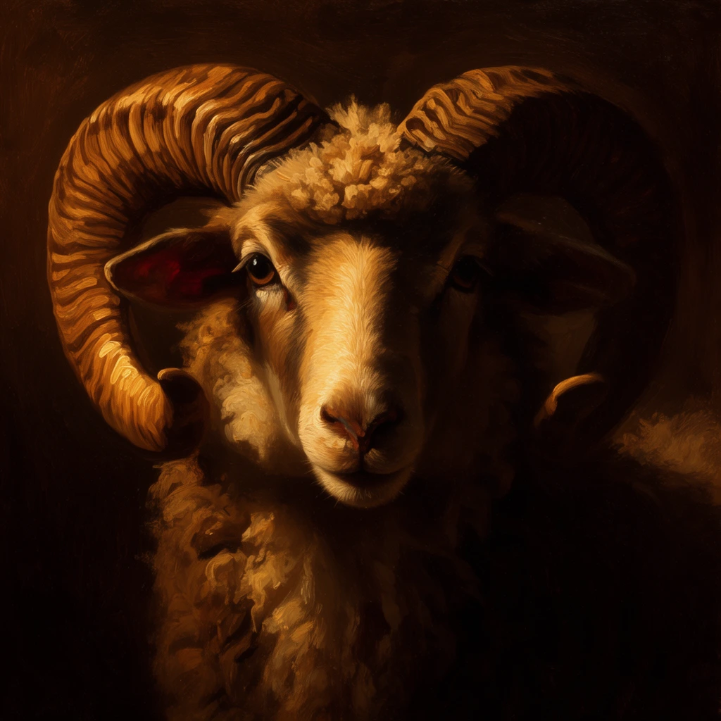 close up portrait of a ram emerging from deep shadows, thick curled horns, warm golden chiaroscuro lighting, textured oil on canvas, dramatic tenebrism, deep umber palette