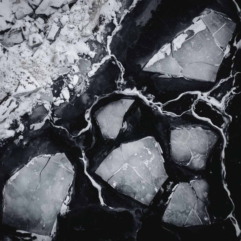 An aerial top-down perspective of fractured ice chunks scattered across a pitch-black expanse. Large, angular blocks of luminous grey and stark white ice exhibit sharp, cracked textures against the deep charcoal background. Intricate, vein-like channels of white slush meander through the dark voids, connecting to a chaotic shelf of pulverized snow dominating the upper left quadrant. The stark monochromatic composition emphasizes extreme high contrast, using sharp focus to highlight the jagged borders and abstract fractal patterns of the freezing natural landscape.