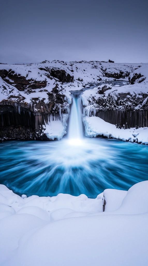 A wide-angle winter landscape featuring a silken, long-exposure waterfall cascading over dark vertical basalt columns into a vibrant turquoise circular pool. The surrounding cliffs are heavily draped in pristine white snow and jagged icicles. Long-exposure photography renders the falling water as a glowing white column that erupts into dynamic, radial streaks across the vividly blue basin. Thick, smooth snowbanks dominate the foreground, framing the water, while a desolate, snow-covered rocky plateau stretches toward a flat, overcast twilight sky, highlighting striking contrasts between deep cyan water, bright snow, and dark volcanic rock.