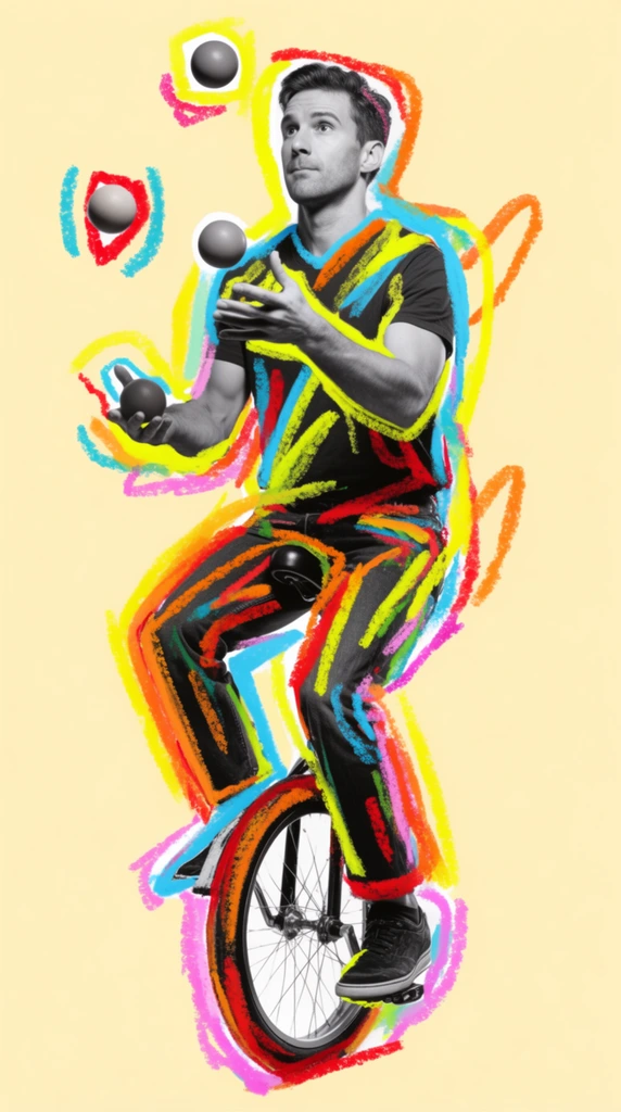 A man on a unicycle juggling three balls presented as a high-contrast, black-and-white photographic cutout layered with frantic, vividly colored mixed-media scribbles against a solid, smooth pale yellow background. The central figure, his unicycle, and the three airborne juggling balls are rendered with sharp photographic clarity, showcasing deep monochromatic shadows, crisp studio lighting, and highly detailed textural resolution. Vigorously applied over and around the greyscale subject are thick, chaotic brushstrokes and heavy pastel-like outlines in brilliant neon yellow, vivid cyan, bright primary red, bold orange, and magenta. These expressive, textured graphic overlays resemble heavily pigmented oil pastels or rough digital crayon marks, haphazardly tracing the man's form, the unicycle's structure, and the dynamic path of the juggling balls. The sharp, hard-edged borders of the photographic cutout interact cleanly with the loose, bleeding edges of the neon scribbles, isolating the entire vibrant collage element in the center of the clean, uniform cream-colored space.