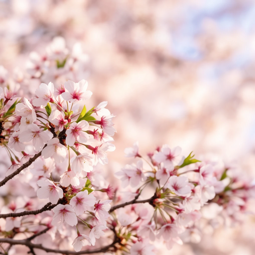 A macro photograph of delicate pale pink cherry blossoms clustered densely on dark brown branches. The blooms feature translucent petals, magenta-tipped stamens, and deep pink calyxes alongside tiny bright green leaves. A shallow depth of field isolates the left-side flowers in sharp focus against a heavily blurred bokeh background of pastel pinks, creamy whites, and faint pale blue sky bathed in soft natural light.