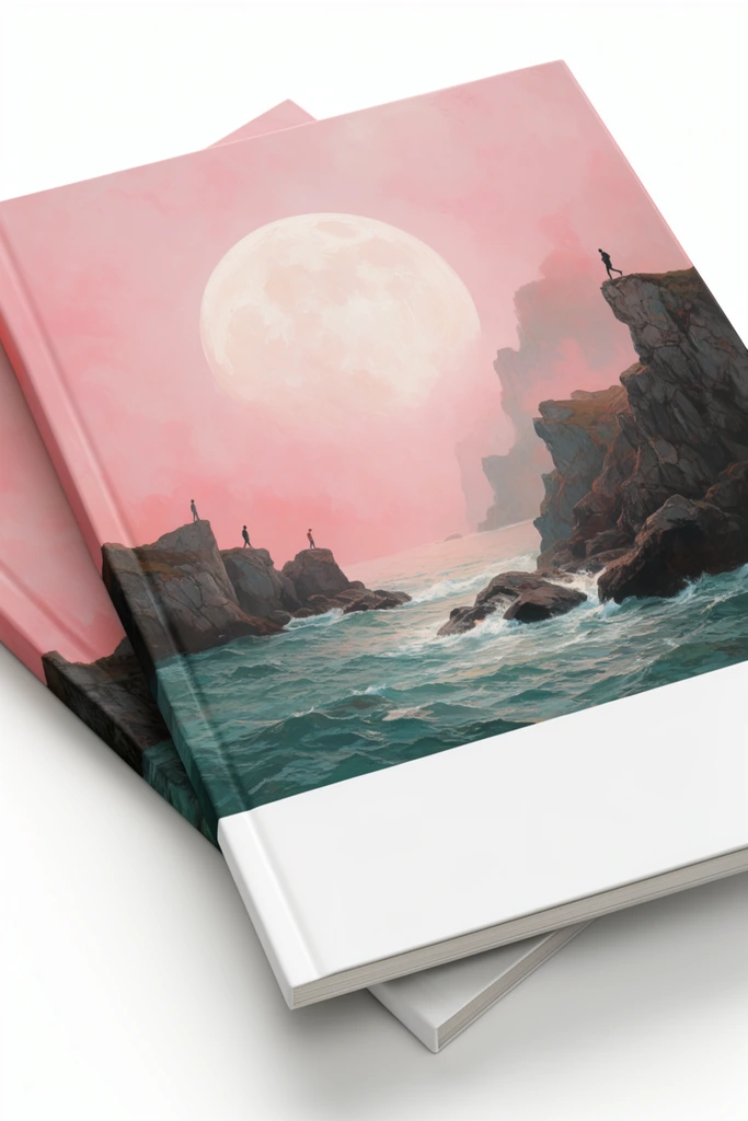 Two softcover books rest diagonally on a white surface, casting soft shadows. The covers feature a surreal landscape illustration with a wide white bottom border. The artwork depicts a rocky coastline, teal ocean waves, and tiny silhouetted figures on jagged cliffs under a massive pale moon and hazy pink sky. The second book is partially obscured behind the first in this clean 3D mockup.