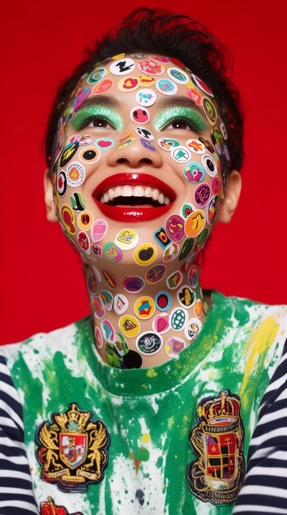 joyful person looking upward with a broad smile, face and neck densely adorned with colorful round graphic stickers, glossy red lips, shimmering green eyeshadow, green and white paint-splattered shirt with striped sleeves, embroidered crest patches, vibrant solid red background, bright studio lighting, fashion editorial photography
