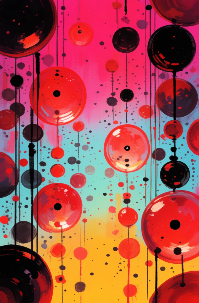 This abstract digital painting features a dense cluster of translucent, glass-like spheres in various sizes, predominantly rendered in shades of vibrant red and deep black, suspended against a multi-colored background. The spheres are layered throughout the composition, with some appearing large and close in the foreground while others recede into the distance, creating a sense of deep space. Many of the larger red spheres contain smaller, dark circular cores or are dotted with black spots, and several are attached to thin, vertical black lines that resemble strings or drips of paint extending from the top and bottom edges. The background is a vertical gradient of color, transitioning from a bright magenta at the top to a light cyan in the middle and a warm, glowing yellow-orange at the bottom. Small, dark splatters and dots are scattered across the background, contributing to a textured, painterly effect. The overall style is expressive and modern, characterized by visible brushstrokes, high-contrast lighting that makes the spheres appear to glow from within, and a rich color palette of primary reds, oranges, and blues contrasted against deep blacks and vibrant pinks. The perspective is a straight-on view of this imaginary, celestial-like landscape, with a vertical orientation that emphasizes the height and depth of the floating elements.